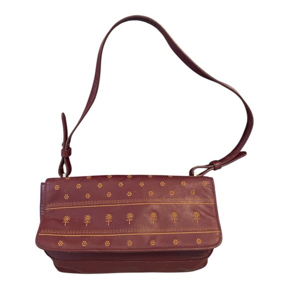Adrienne Vittadini Genuine Leather Shoulder Bag – Burgundy with Embroidered Desi - Picture 1 of 6